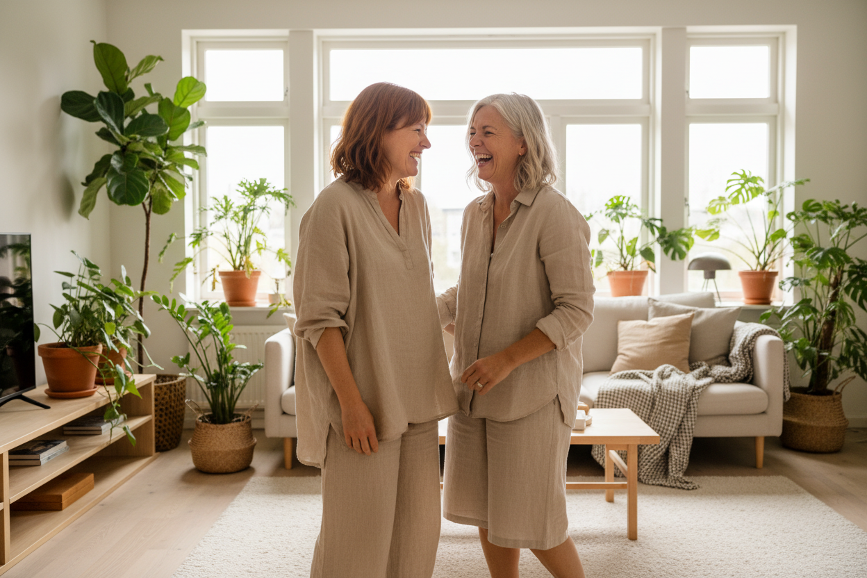 Twee vrouwen van verschillende leeftijden lachen samen in een lichte ruimte — herkenning en verbinding rond darmklachten bij vrouwen