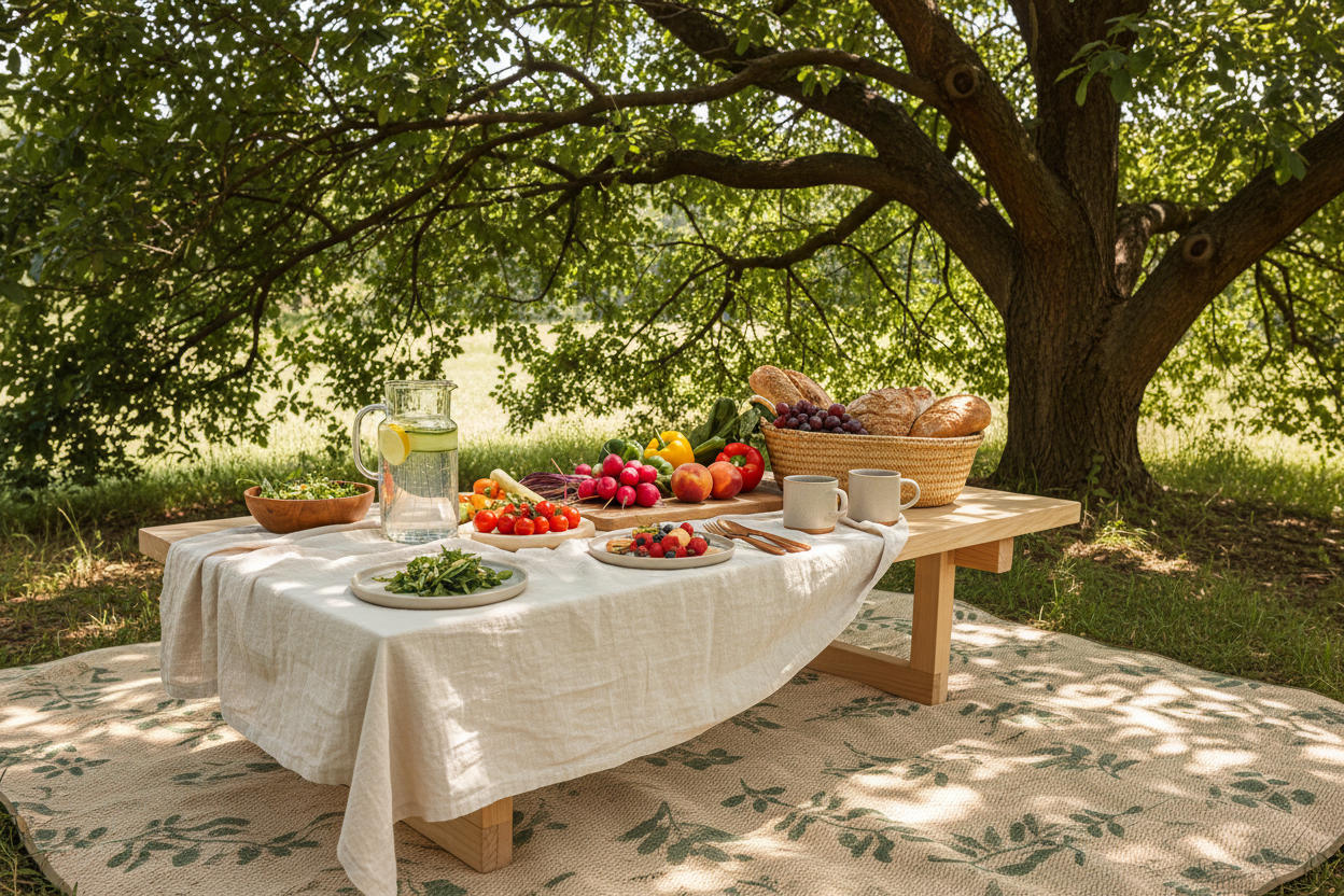 Zomerse picknicktafel onder een boom met kan water, citroen, komkommer en verse groenten — licht en gezond zomers eten