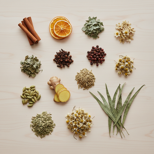 Kruidenthee ingrediënten vierkant - kaneel, sinaasappel, gember, kamille